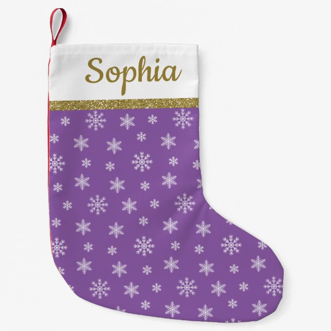 Calcetín Navideño Pequeño Copos de nieve Nombre personalizado de patrón mora (Anverso)