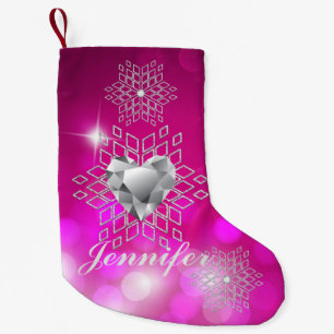 Calcetín Navideño Pequeño Copos de nieve y corazón Fuschia Bokeh del
