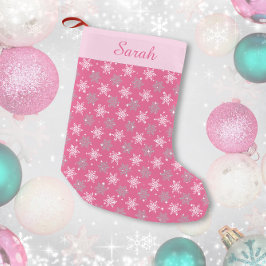 Calcetín Navideño Pequeño Copos de nieve y destellos rosa caliente personali