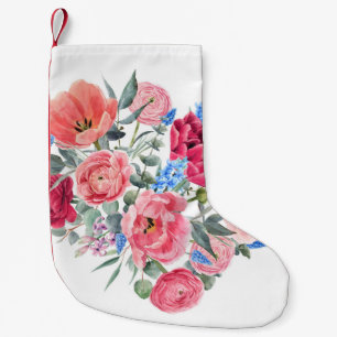 Calcetín Navideño Pequeño Corazón acuarela floral, ilustracion primaveral.