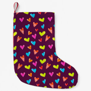 Calcetín Navideño Pequeño Corazones multicolores: Patrón púrpura acuarela.