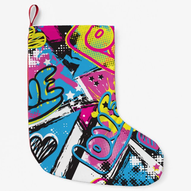 Calcetín Navideño Pequeño Corazones Neones: Patrón Chica Grunge (Anverso)