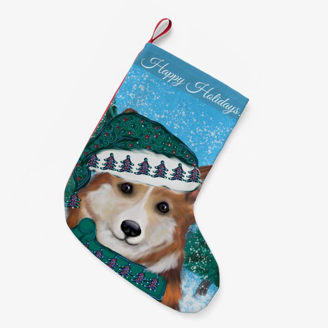 Calcetín Navideño Pequeño Corgi (Frente (Colgado))