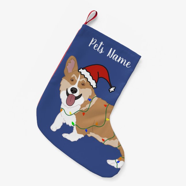 Calcetín Navideño Pequeño Corgi de Navidad (Frente (Colgado))