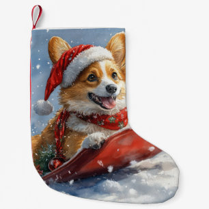 Calcetín Navideño Pequeño Corgi Dog en Sledge Let it Snow Navidades