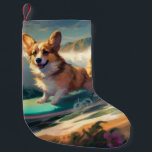Calcetín Navideño Pequeño Corgi  Pintura de Surf en la Playa<br><div class="desc">Sumérgete en el mundo divertido de la aventura canina con esta cautivadora pintura. Un perro lleno de espíritu se lanza a las olas, montando con habilidad el oleaje en una playa bañada por el sol. La vibrante obra de arte captura hermosamente la esencia de la emoción junto a la playa...</div>