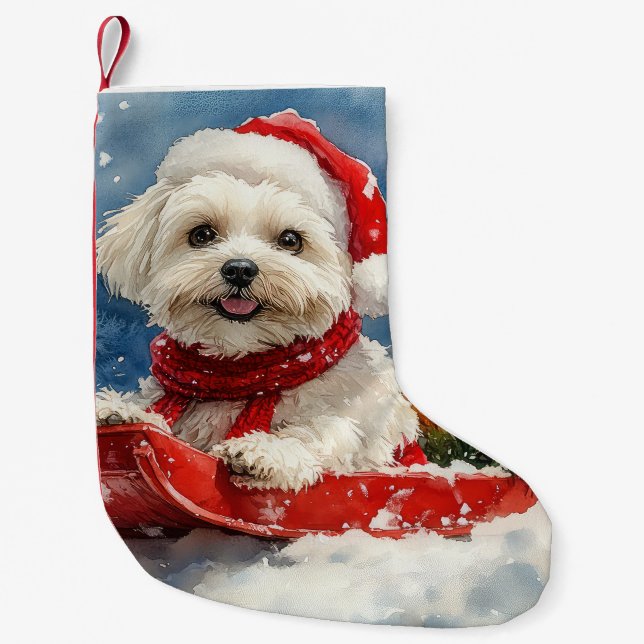 Calcetín Navideño Pequeño Coton De Tulear en Sledge Let it Snow Navidades (Anverso)