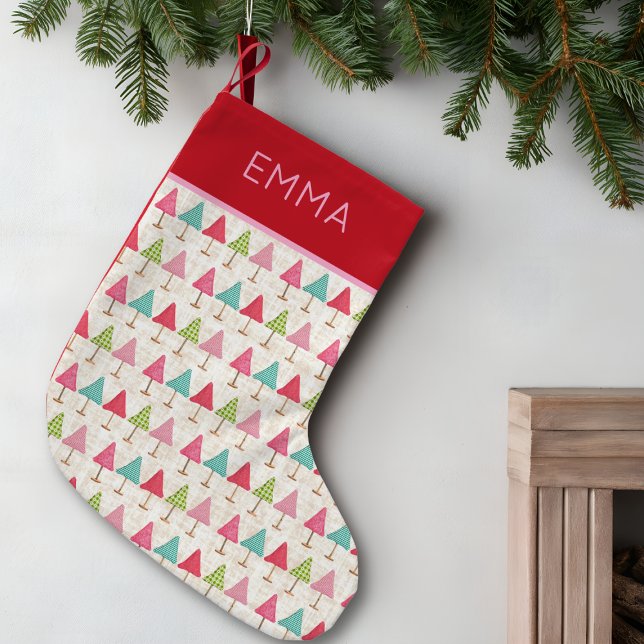 Calcetín Navideño Pequeño Crafted Christmas Trees Fabric – Pink Red Linen (Subido por el creador)