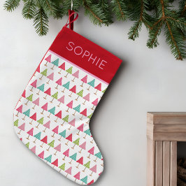 Calcetín Navideño Pequeño Crafted Fabric Christmas Trees – Pink Red Green