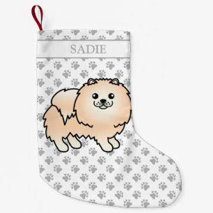 Calcetín Navideño Pequeño Cream Pomeranian Cute Cartog Perro y nombre