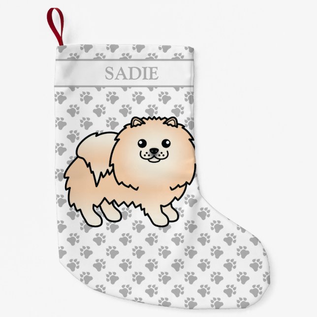 Calcetín Navideño Pequeño Cream Pomeranian Cute Cartog Perro y nombre (Anverso)