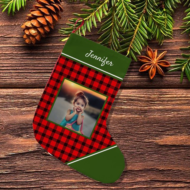 Calcetín Navideño Pequeño Create your own buffalo plaid photo monogrammed (Create your own buffalo plaid photo monogrammed small christmas stocking.)