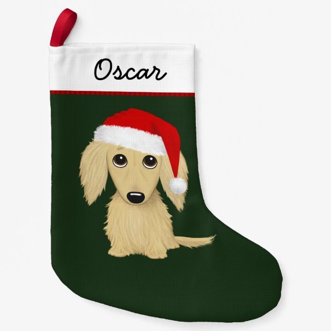 Calcetín Navideño Pequeño Crema de pelo largo Dachshund Santa Cute (Anverso)