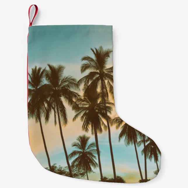 Calcetín Navideño Pequeño Crepúsculo tropical: silueta de palma de coco (Anverso)
