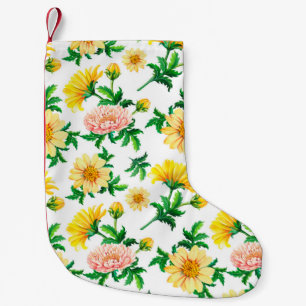 Calcetín Navideño Pequeño Crisantemo acuarela. Flores amarillas con tamaño