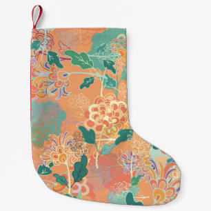 Calcetín Navideño Pequeño Crisantemo chino: patrón naranja floral.