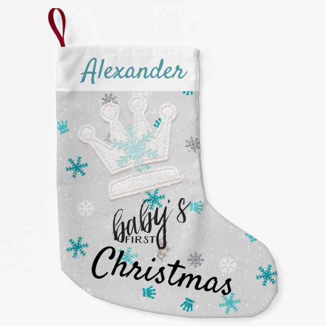 Calcetín Navideño Pequeño Crown y Blue Snowflakes Primeras Navidades descans (Anverso)