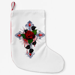 Calcetín Navideño Pequeño Cruz de Plata con una Rosa Roja