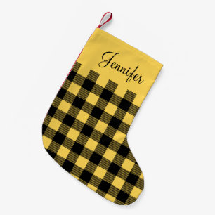 Calcetín Navideño Pequeño Cuadro de búfalo amarillo rústico personalizado