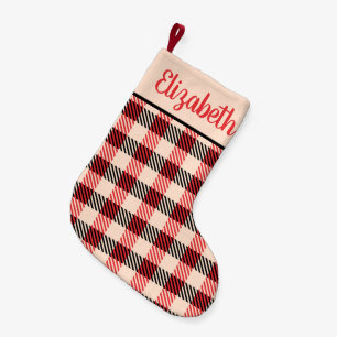 Calcetín Navideño Pequeño Cuadro de búfalo rojo y negro con nombre
