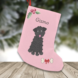 Calcetín Navideño Pequeño Cuadros Black Teacup Poodle Monograma Rosa