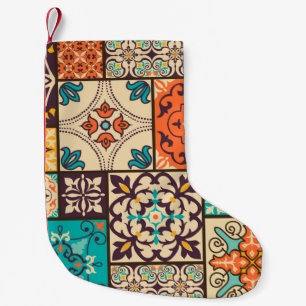Calcetín Navideño Pequeño Cuadros de mosaico de mosaicos de colores sin foco
