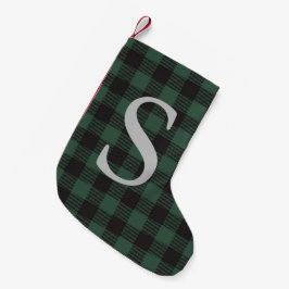 Calcetín Navideño Pequeño Cuadros Verdes Monograma Clásico Navideño Rústico