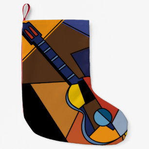 Calcetín Navideño Pequeño Cubista De Surrealismo De Guitarra.