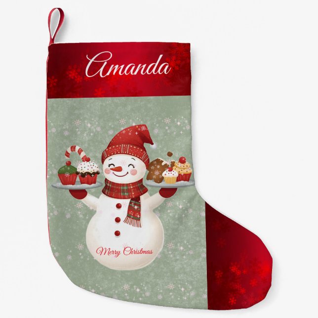 Calcetín Navideño Pequeño Cuidados Navidades de Snowman Baker (Anverso)