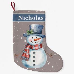 Calcetín Navideño Pequeño Curado Happy Snowman Gray Snow Background