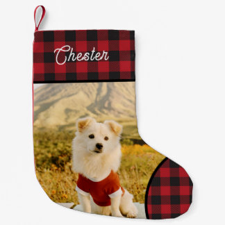 Calcetín Navideño Pequeño Custom Dog Photo & Name Buffalo Plaid