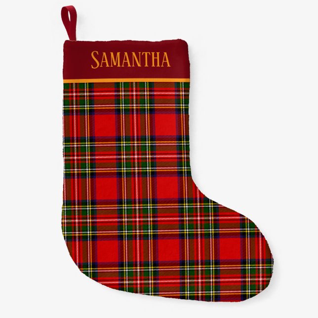 Calcetín Navideño Pequeño Custom Royal Stewart Clan Tartan Plaid Name (Anverso)