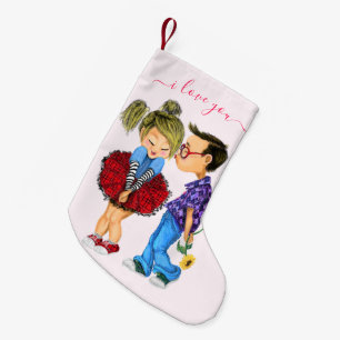 Calcetín Navideño Pequeño Cuta Pareja Romántica - Amor - Te Amo - Beso