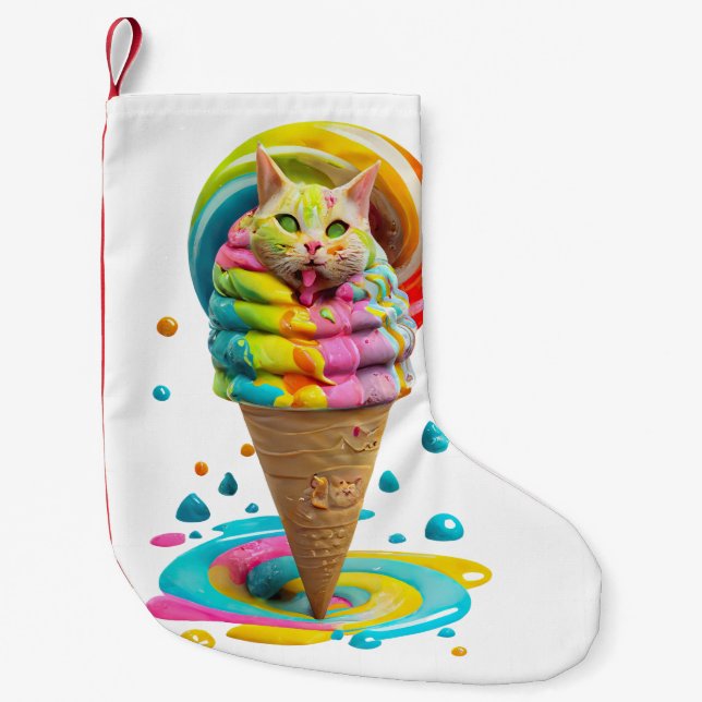Calcetín Navideño Pequeño Cute Cat Ice Cream Cone colorido (Anverso)