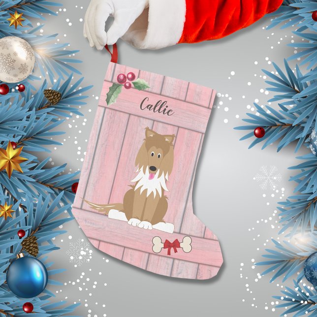 Calcetín Navideño Pequeño Cute Collie Dog Alambre de madera rosa Monograma (Subido por el creador)