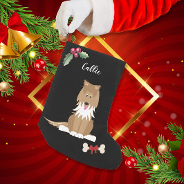 Calcetín Navideño Pequeño Cute Collie Dog Monograma Negro