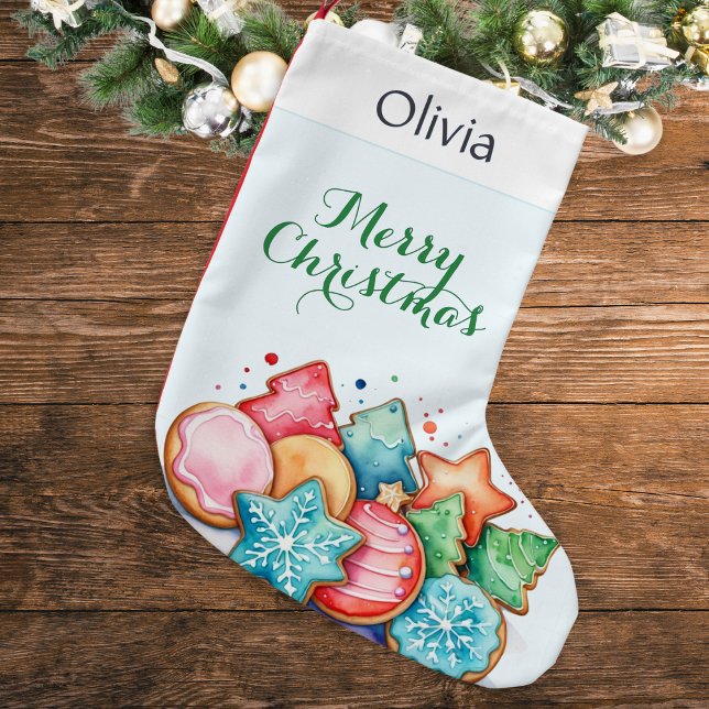 Calcetín Navideño Pequeño Cute Cookies Tratamientos de vacaciones personaliz (A personalized Christmas stocking featuring colorful festive cookies in a watercolor style)