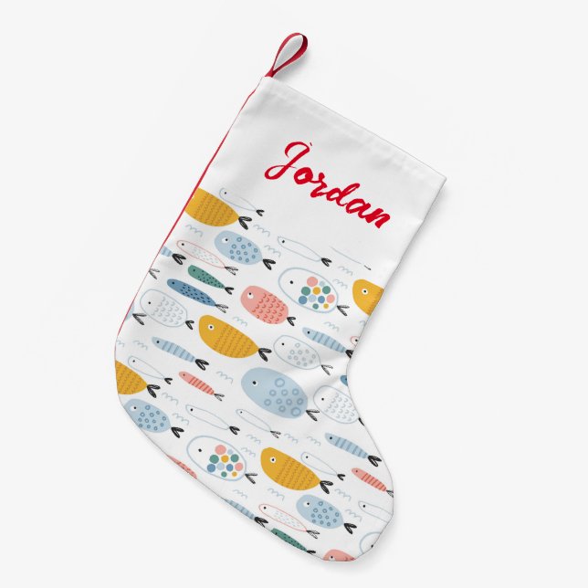 Calcetín Navideño Pequeño Cute Doodle School of Fish Pattern (Frente (Colgado))