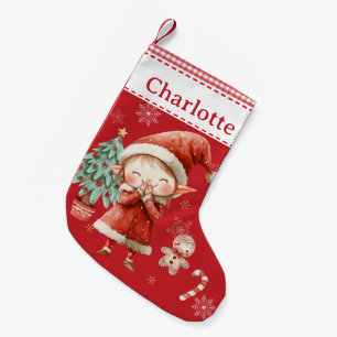 Calcetín Navideño Pequeño Cute Feliz Chica Elf Red Gingham