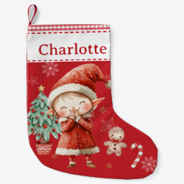 Calcetín Navideño Pequeño Cute Feliz Chica Elf Red Gingham