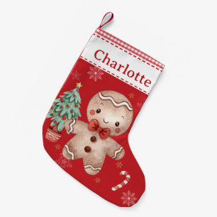 Calcetín Navideño Pequeño Cute Gingerbread Man Tree Candy Red Gingham