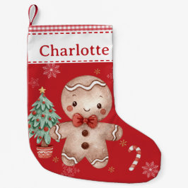 Calcetín Navideño Pequeño Cute Gingerbread Man Tree Candy Red Gingham