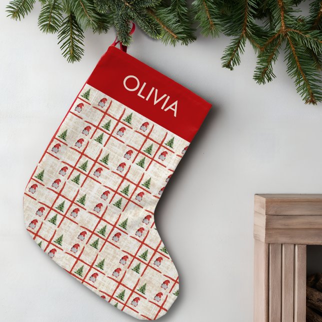 Calcetín Navideño Pequeño Cute Gnomes & Trees – Linen Christmas Design (Subido por el creador)