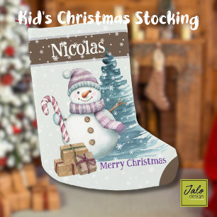 Calcetín Navideño Pequeño Cute Happy Purple Snowman con presentes