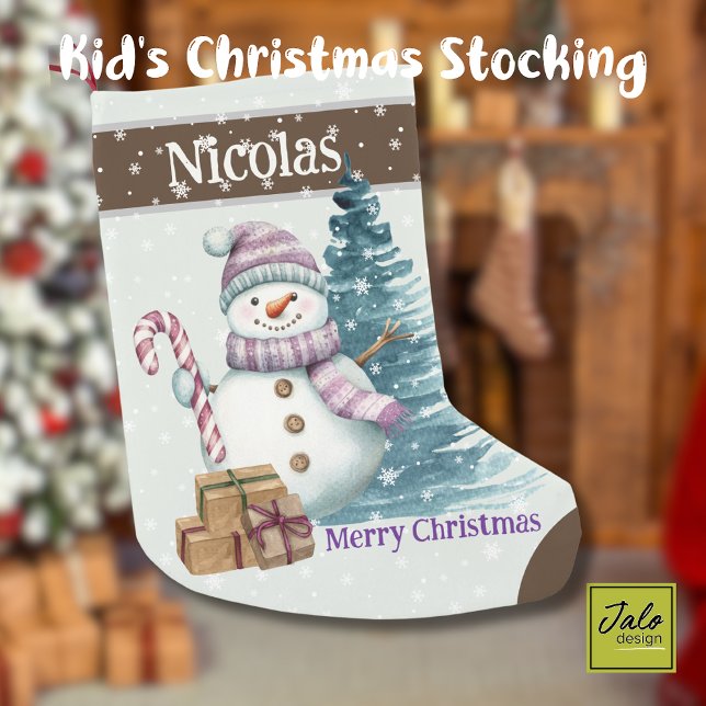 Calcetín Navideño Pequeño Cute Happy Purple Snowman con presentes (Subido por el creador)