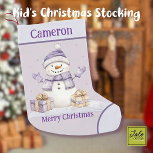 Calcetín Navideño Pequeño Cute Happy Purple Snowman presenta Feliz Navidad