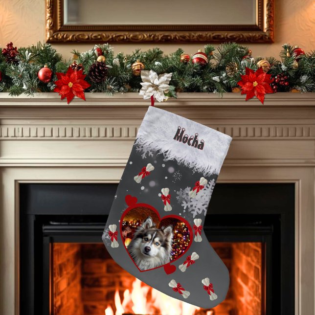 Calcetín Navideño Pequeño Cute Heart Pet Photo Dog Name Black Snowflake  (Cute Christmas stocking for pet dog with your uploaded photo inside the heart and personalized name)