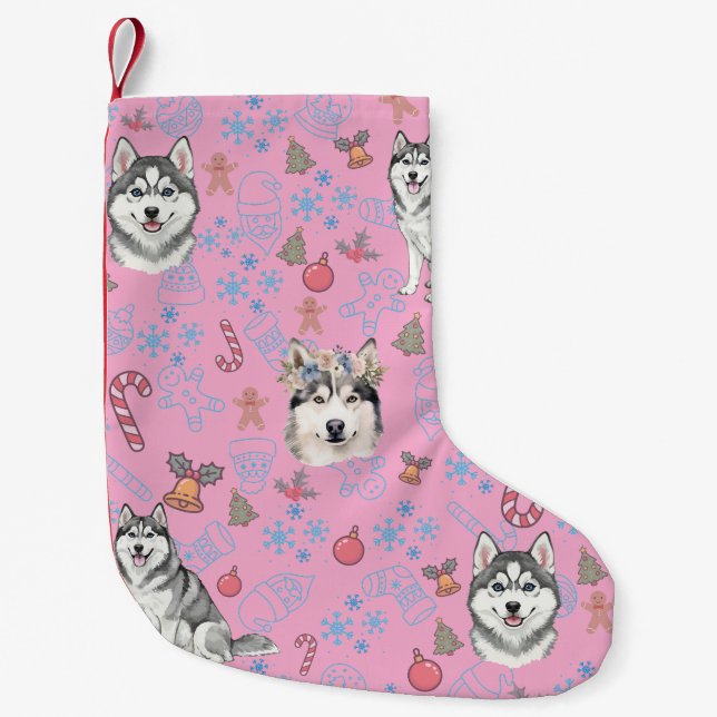 Calcetín Navideño Pequeño Cute Husky Dog Christmas Winter Seamless Pattern  (Anverso)