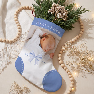 Calcetín Navideño Pequeño Cute Lazo Azul Nombre y Foto Primera Navidad del B