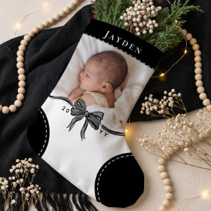 Calcetín Navideño Pequeño Cute Lazo Negro Nombre y Foto Primer Navidad del B